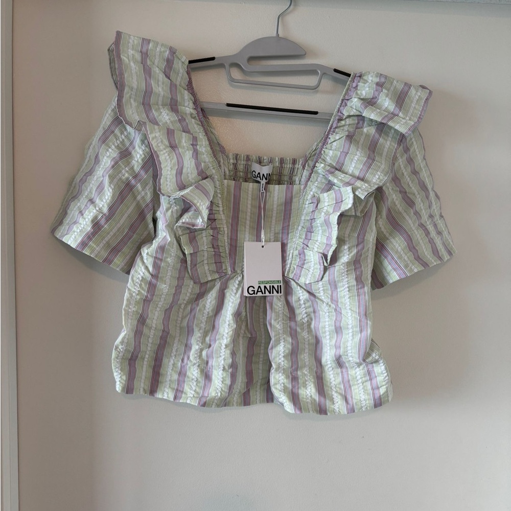 Ganni Ruffled Striped Blouse - light green, purple and white